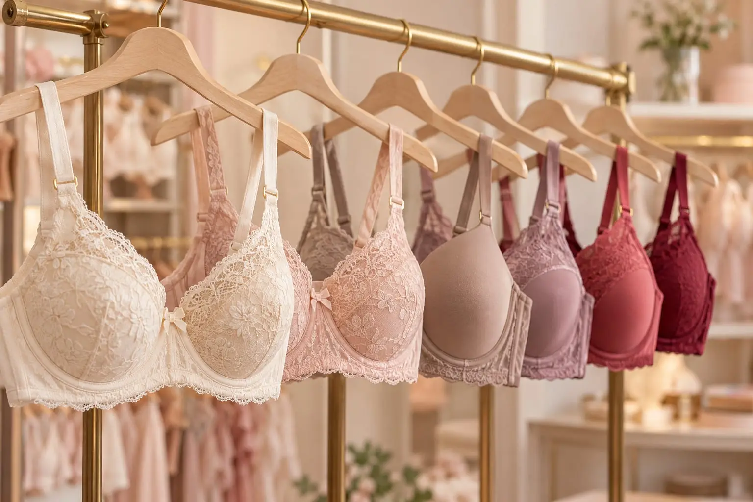 Lace and smooth bras in ivory, blush, mauve and berry on wooden hangers in a boutique