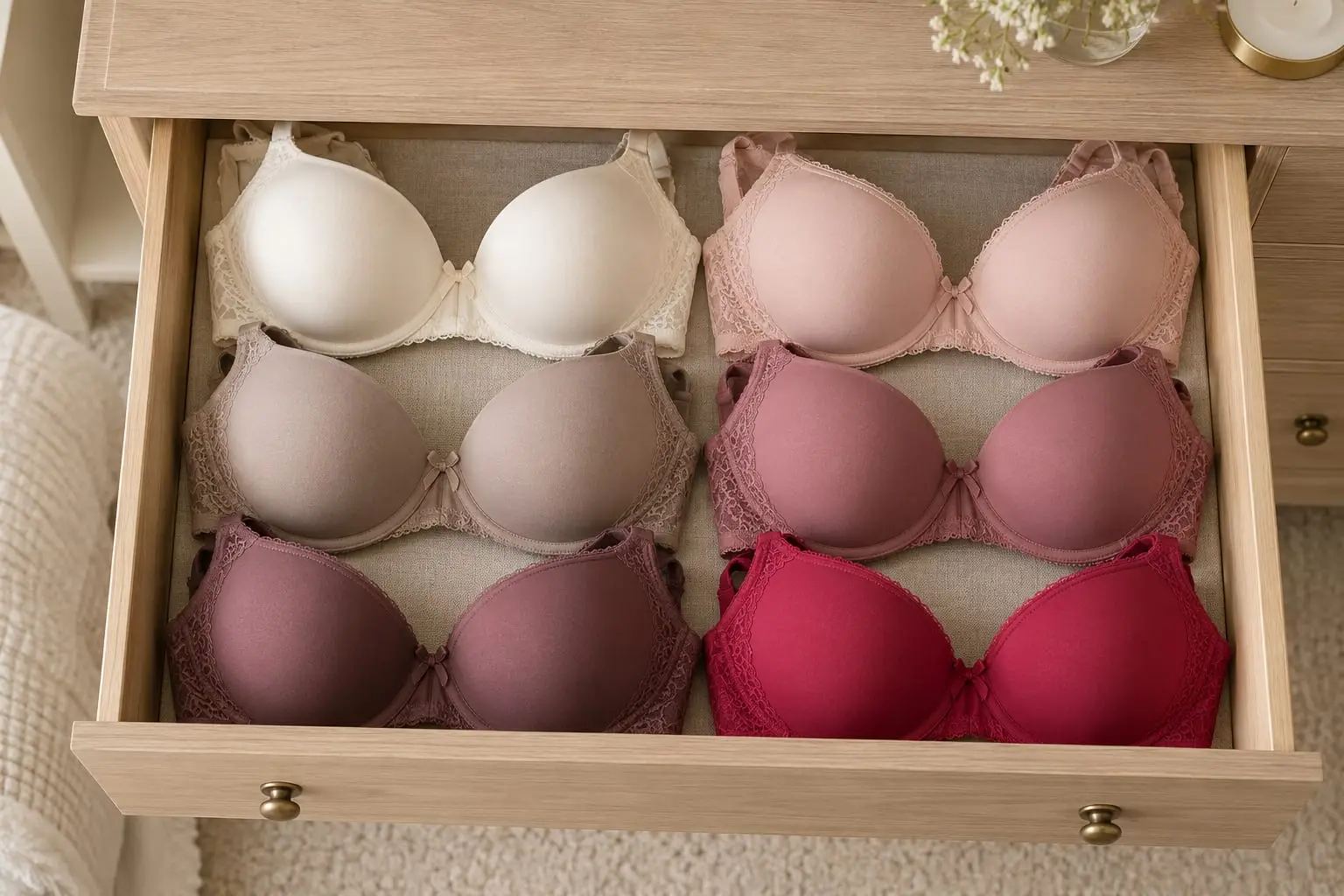An open drawer with six moulded bras in ivory, blush, taupe, rose, plum and berry laid flat in rows