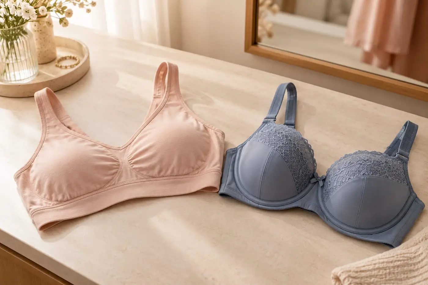 A pink wire-free bra and a blue lace full-cup bra side by side on a dresser