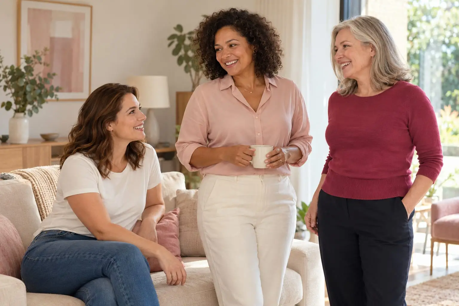 Three women of different ages chatting and laughing in a bright living room