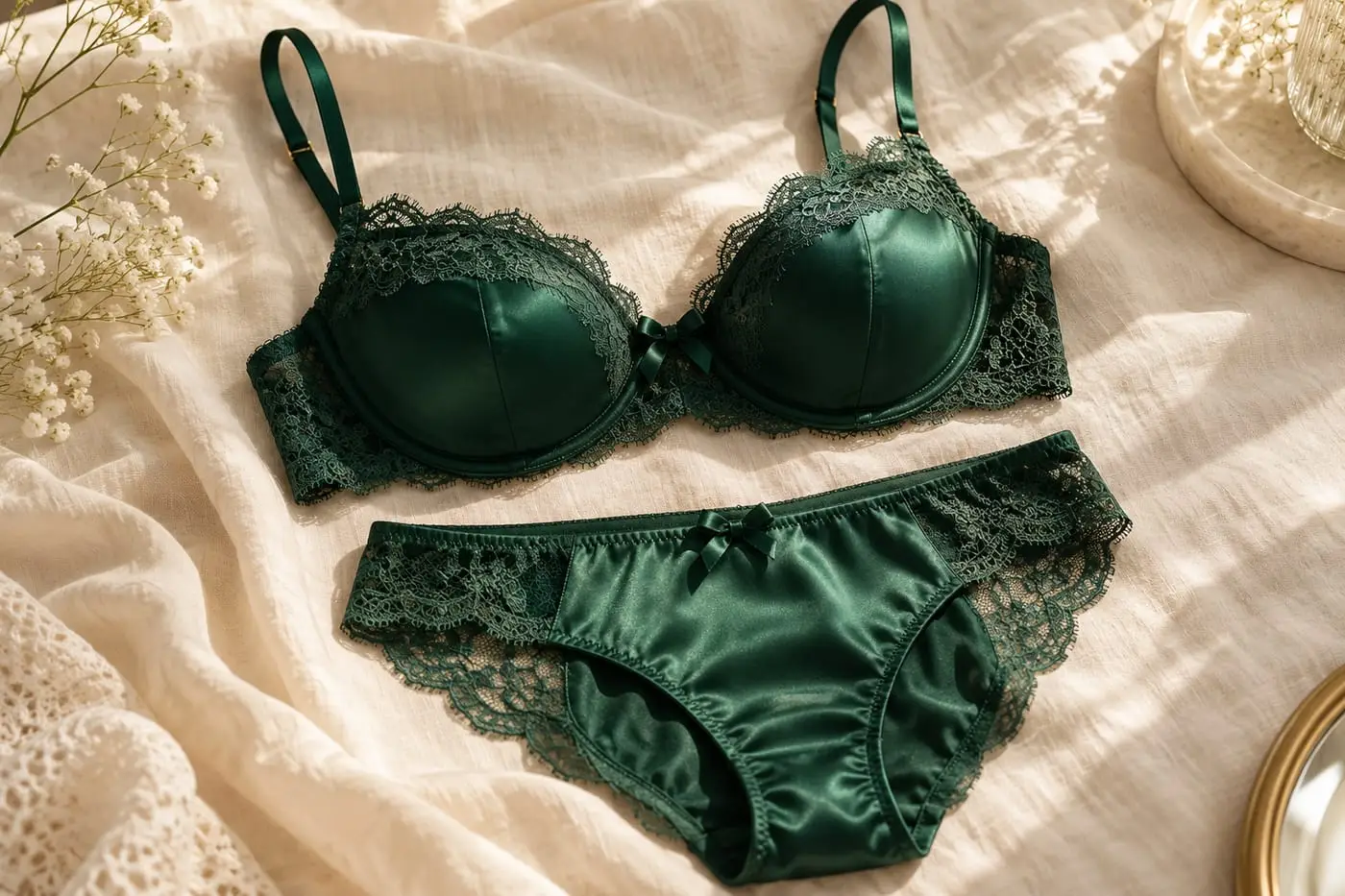 An emerald satin bra with matching lace-trimmed briefs on cream bedding