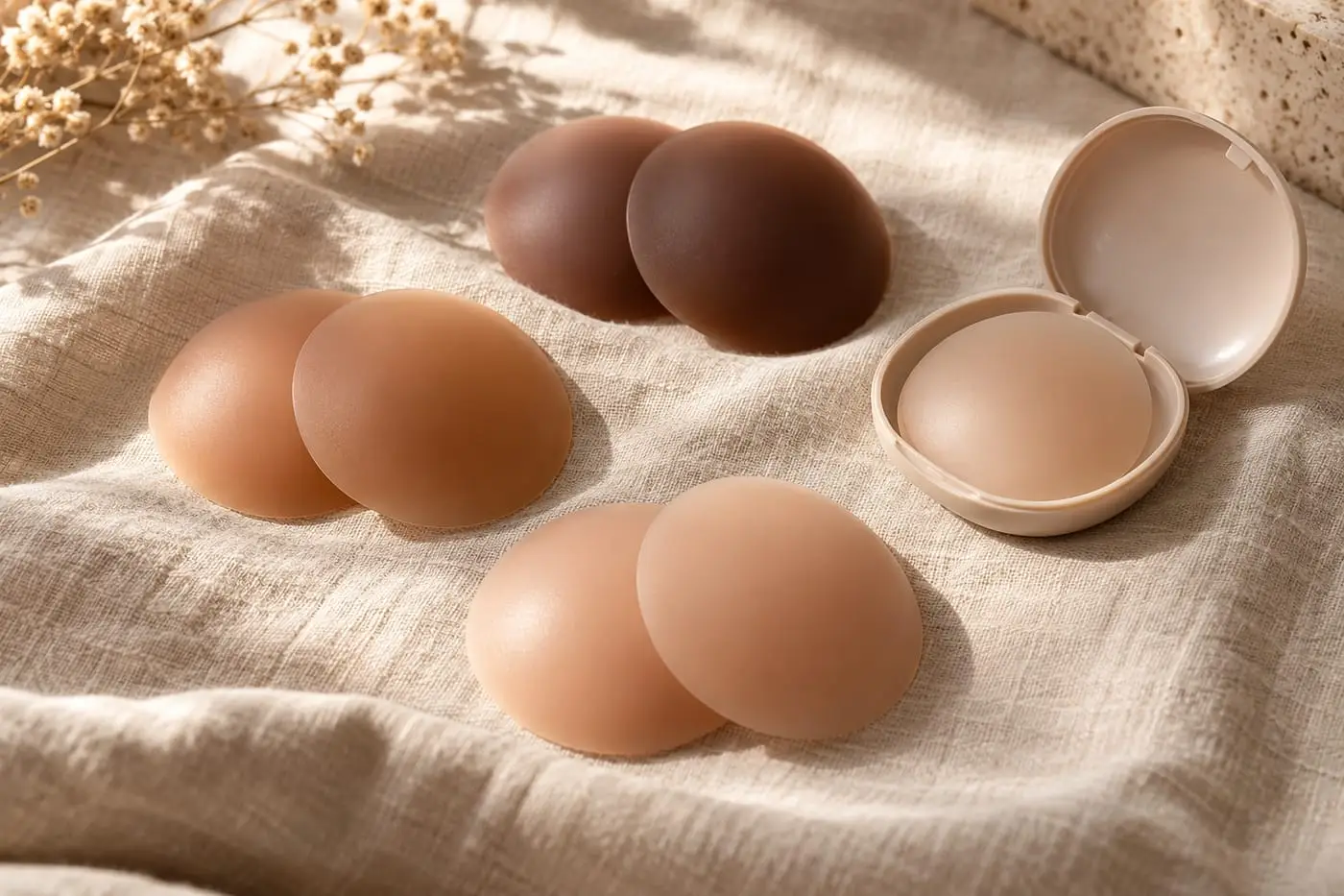Silicone nipple covers in three skin tones beside a round storage case