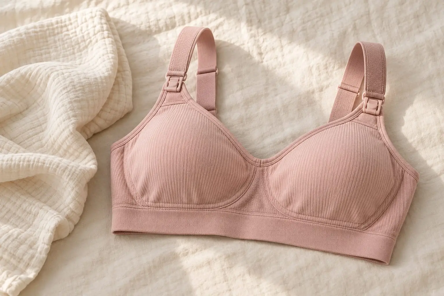 A dusty-pink ribbed nursing bra with clip-down strap fastenings on a cream muslin