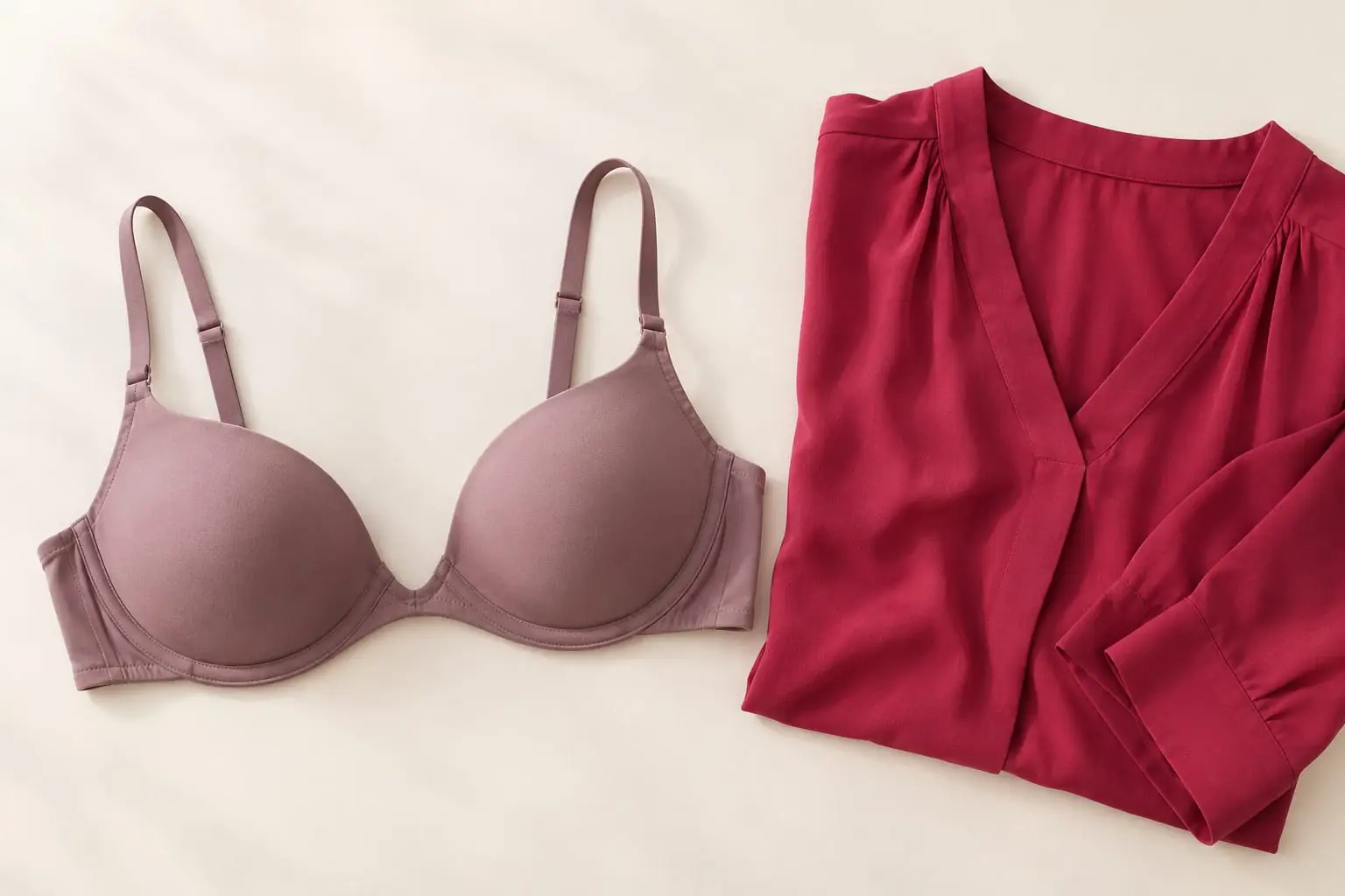 A mauve moulded plunge bra beside a berry V-neck blouse