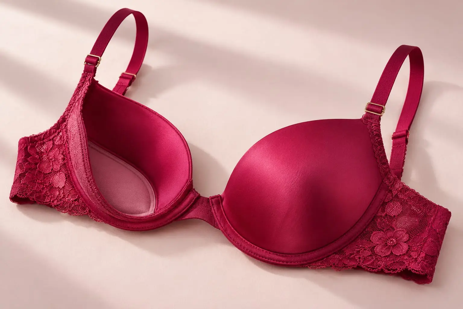 A raspberry push-up bra with lace wings, one cup turned to show the graded padding inside