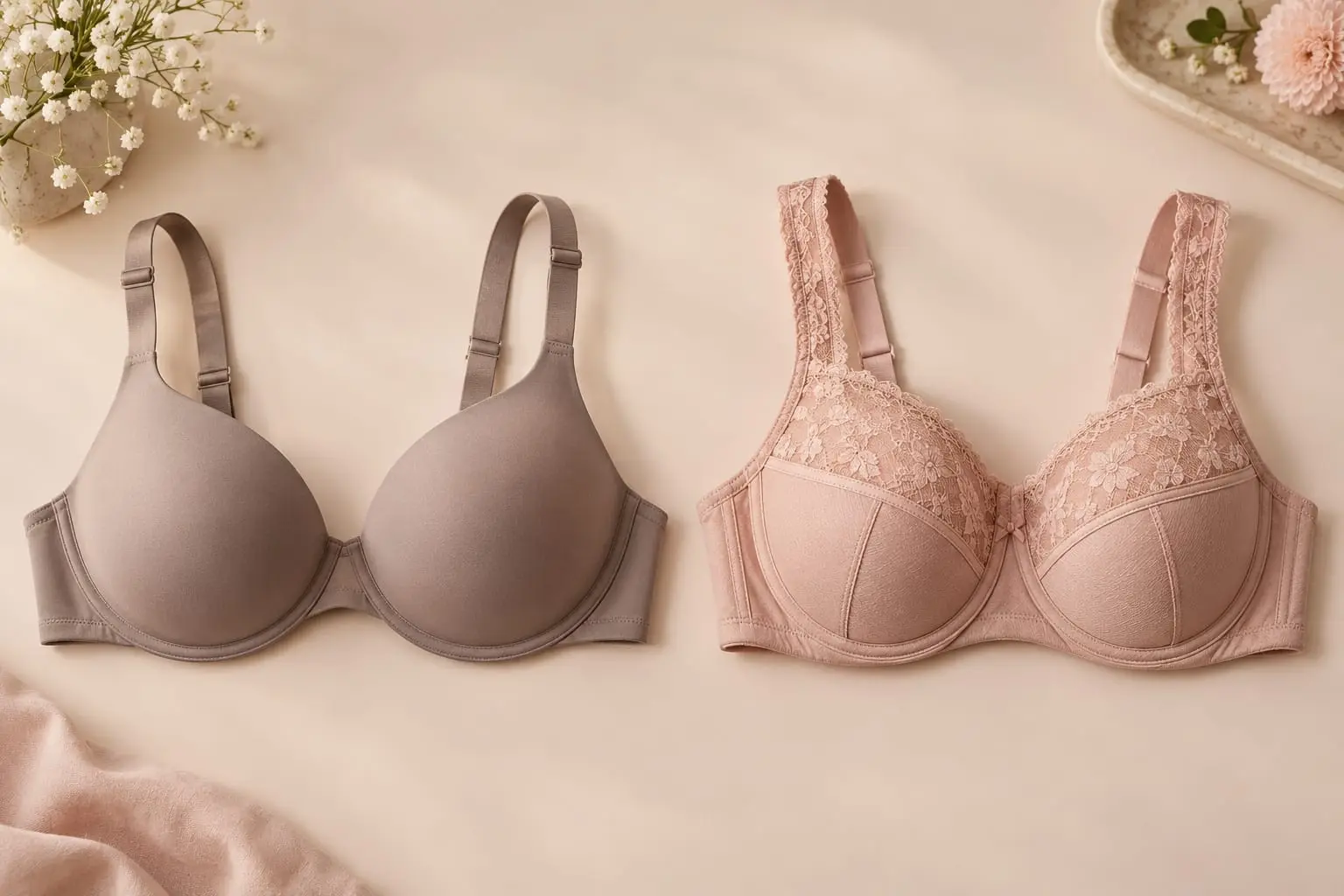 Two bras side by side: a taupe bra with smooth moulded cups and a blush bra with seamed cups and lace