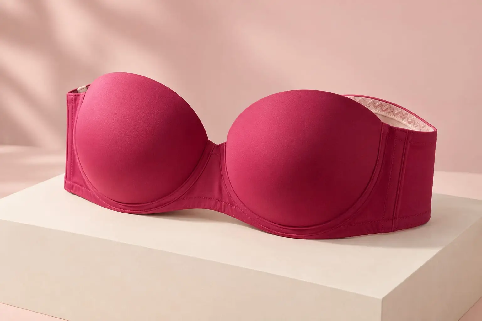 A raspberry strapless bra with moulded cups and a grippy inner band on a plinth