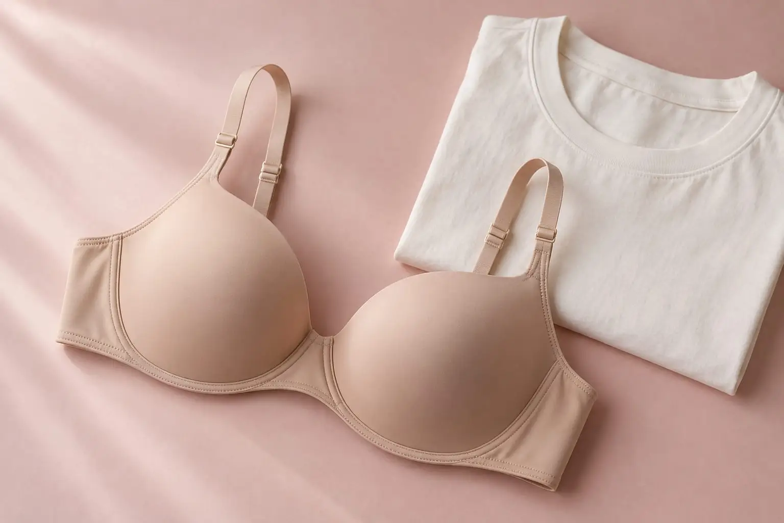 A smooth nude moulded T-shirt bra beside a folded white T-shirt on blush
