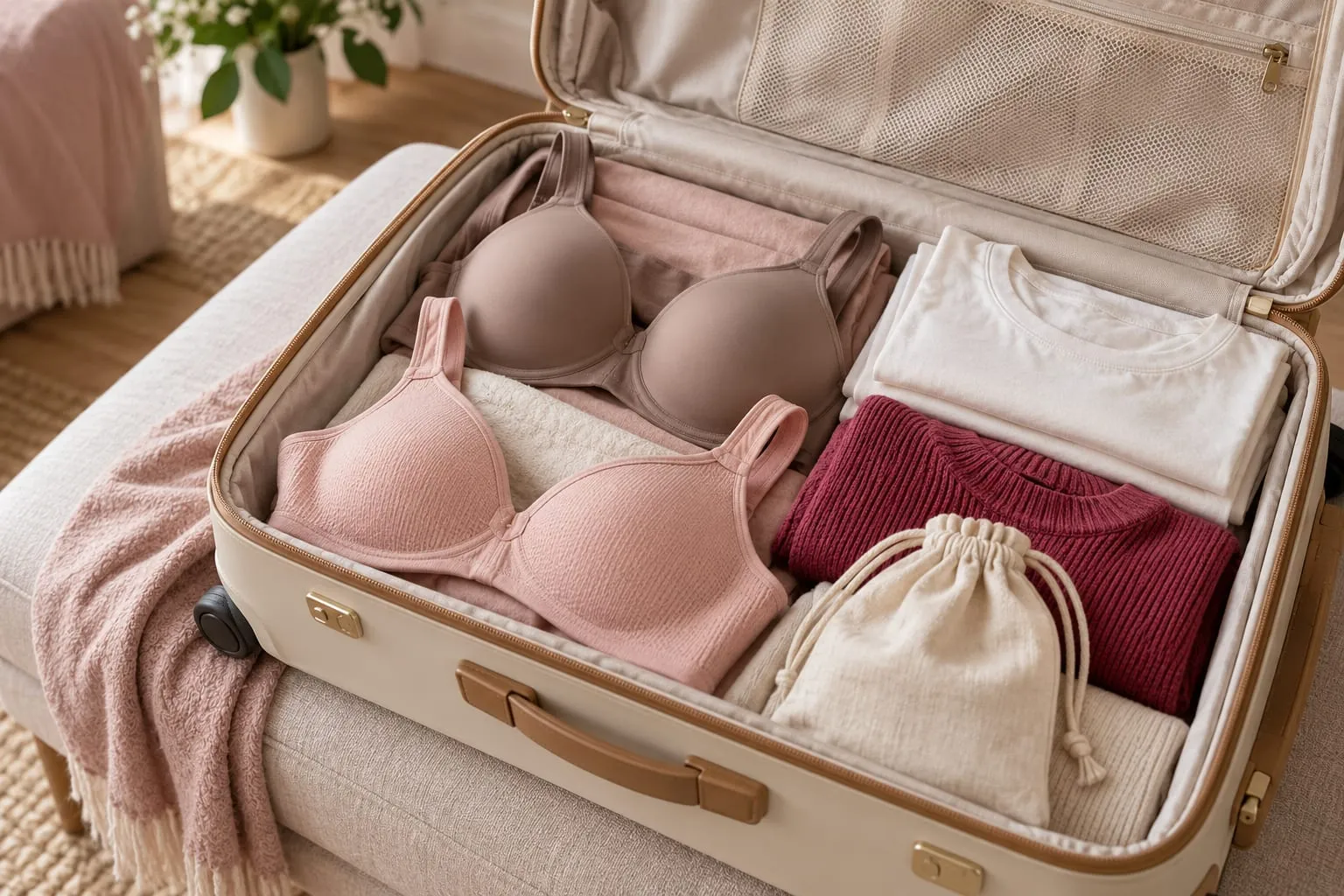 A suitcase with two moulded bras packed flat on folded clothes, beside a berry jumper and a drawstring pouch